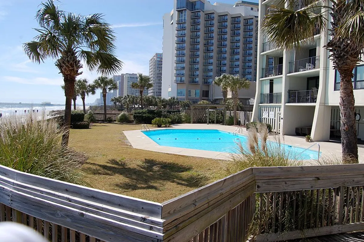 This image showcases a sparkling swimming pool surrounded by palm trees, with the beach and high-rise buildings visible in the background. The tranquil setting invites relaxation, sunbathing, swimming, and easy access to the nearby shore.